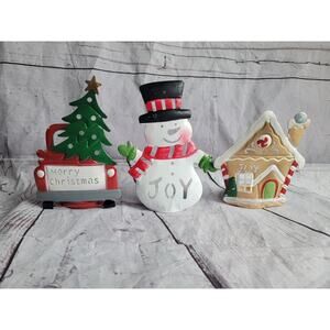 Christmas House 6.5” Meta Snowman Gingerbread House Truck W/tree Candle Holder